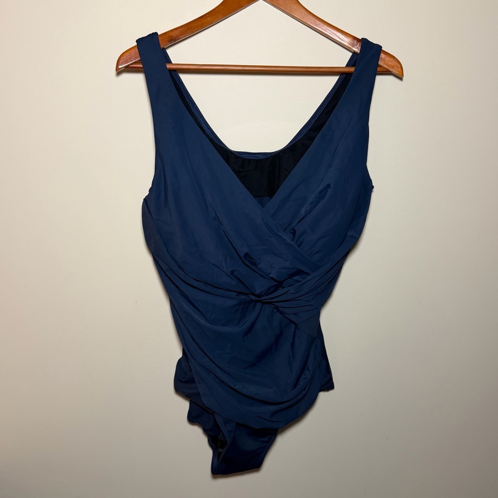 Miraclesuit Crossover Swim Top 20W Plus Blue Tummy Control One Piece Draped
